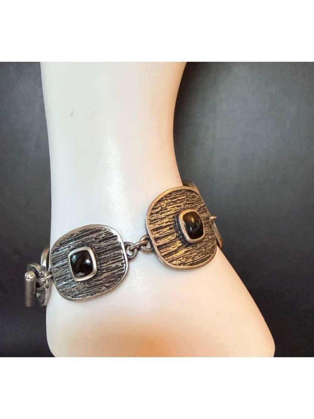Retro Textured Panel Link Bracelet With Black Cabochons Toggle Clasp Mod Goth